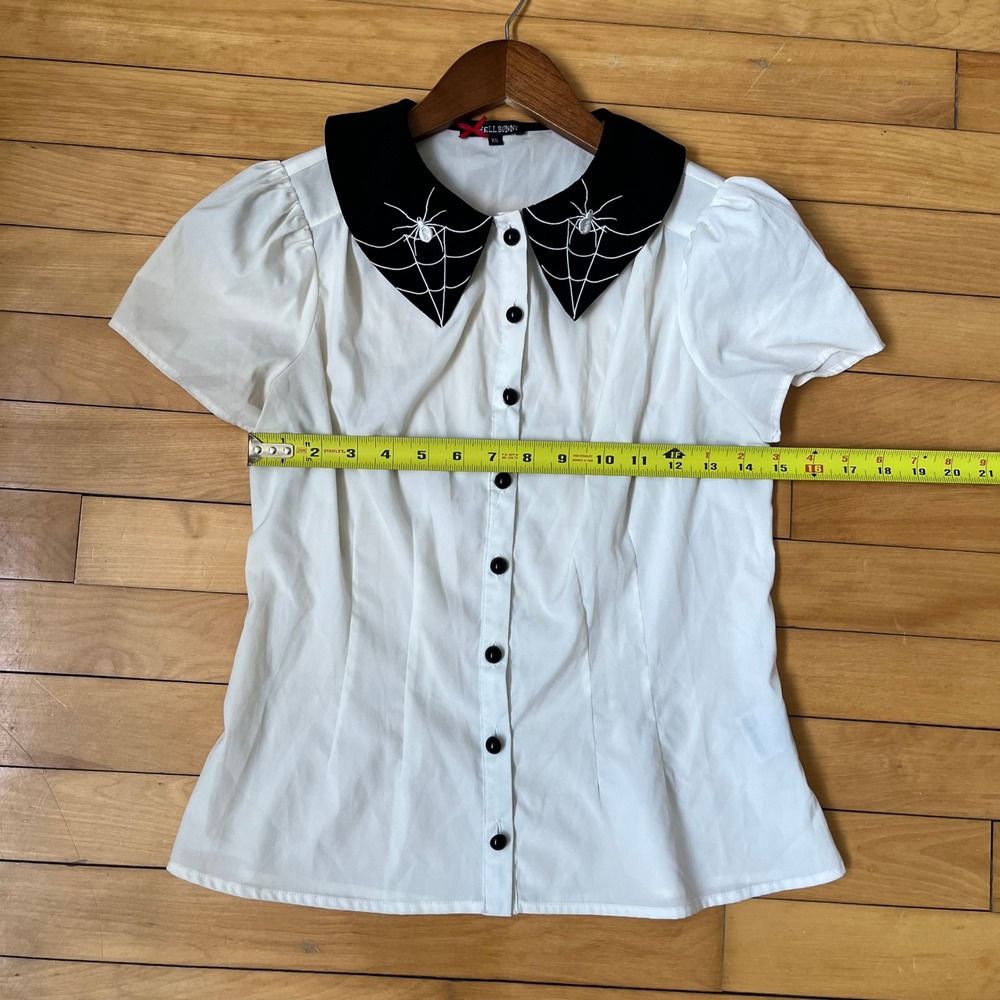 Hell Bunny White Spider Web Embroidered Collar Button Down Blouse XS Black Goth - Picture 7 of 7